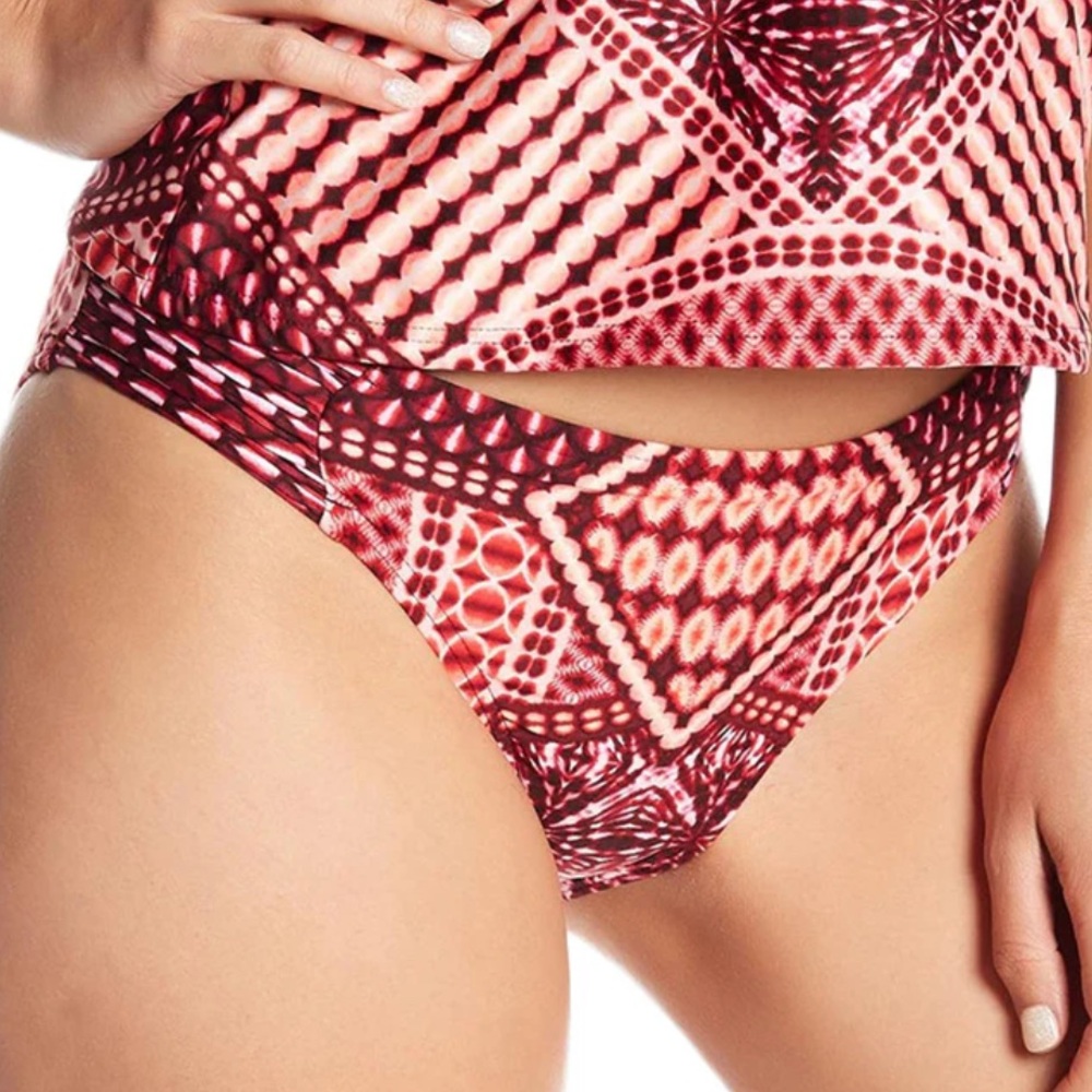 Kenneth Cole Women's Washed Plaid Bikini Bottom, Burgundy. Size XL